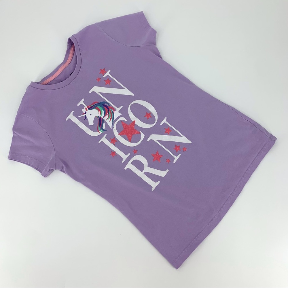 2/$20 Novel Teez Girl's UNICORN Graphic Short Sleeve Purple T-Shirt, Large